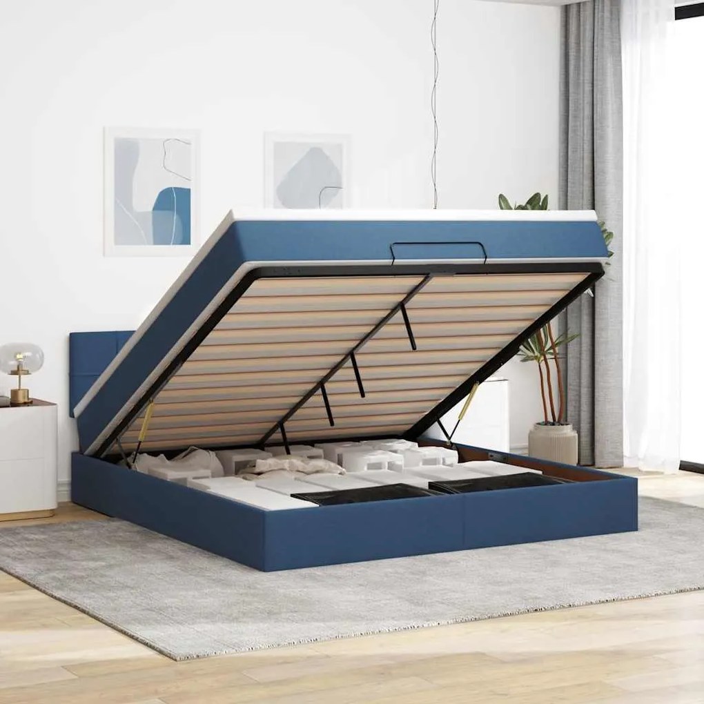 Estrutura de cama otomana com colchão 160x200 cm tecido azul