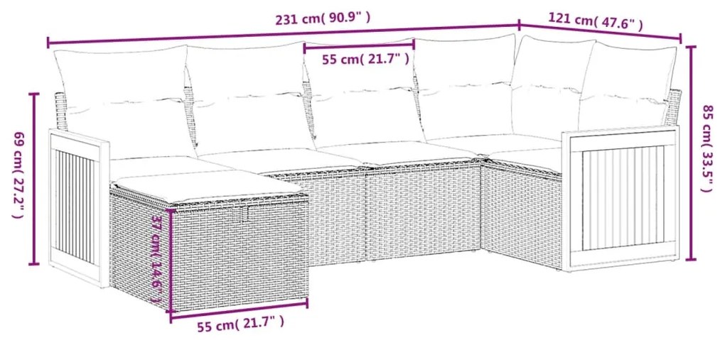 6 pcs conjunto sofás de jardim c/ almofadões vime PE preto