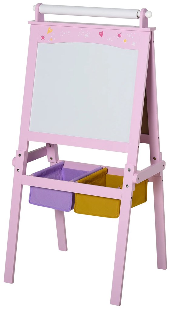 Cavalete Infantil 3 em 1 Cavalete de Arte para Crianças com Quadro Rolo de Papel e 2 Cestos 58,5x50,5x118 cm Rosa
