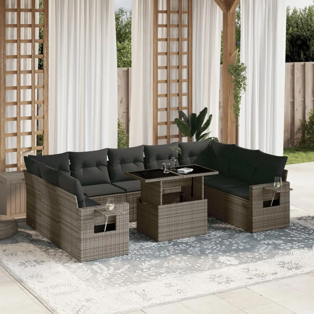 vidaXL 10 pcs conjunto sofás de jardim c/ almofadões vime PE cinzento