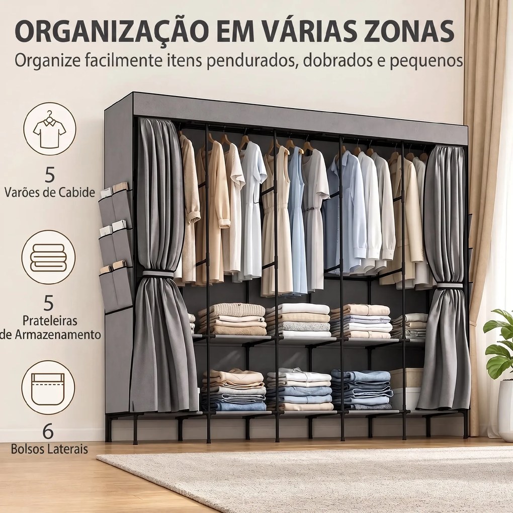 Roupeiro de Tecido com 5 Varões 5 Prateleiras 6 Bolsos Laterais Fecho de Correr Estrutura em Aço 212x45x167 cm Cinza