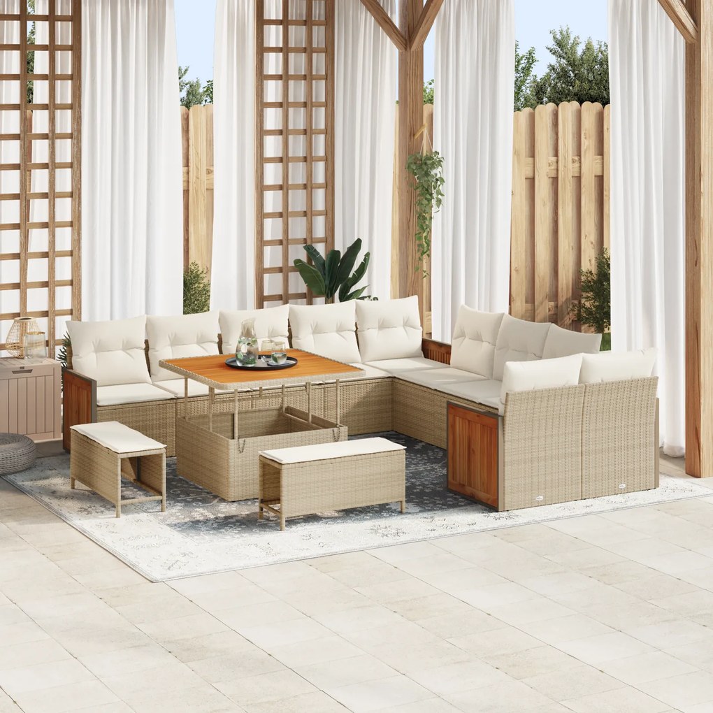 vidaXL Conjunto de Sofás de Jardim de 13 Peças com Almofadas Bege Rattan Poli Acácia