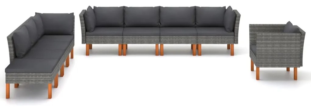9 pcs conj. lounge jardim vime PE e madeira eucalipto cinzento