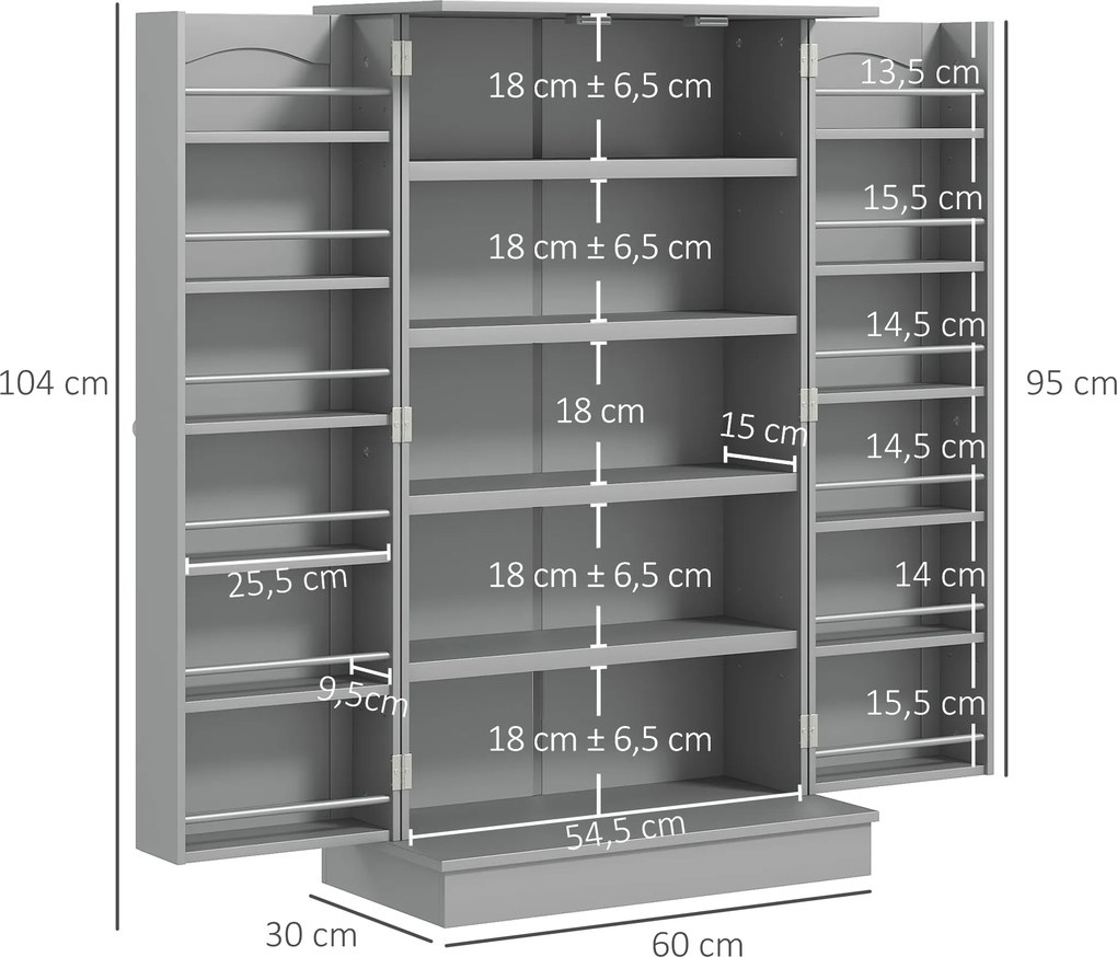 Armário de Cozinha Armário Despensa Cozinha com 2 Portas e 16 Prateleiras Armário Moderno 60x30x104 cm Cinzento