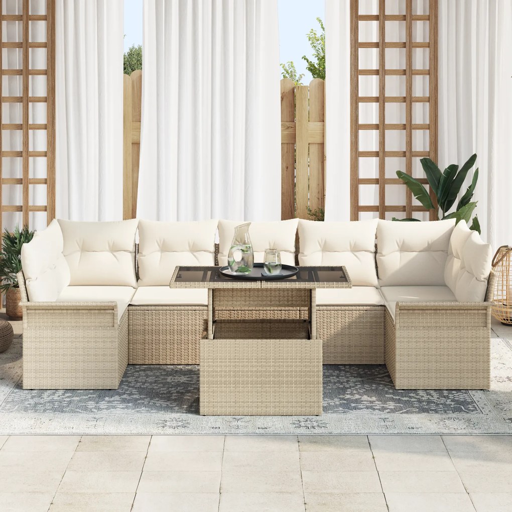 Conjunto de Sofás para Jardim de 8 Peças com Almofadas Bege de Rattan
