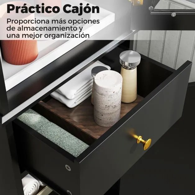 Armário alto para casa de banho estreito com gaveta 40 x 30 x 168 cm, 2 portas e 3 prateleiras preto