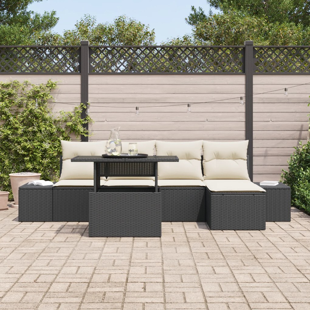 Conjunto de Sofá de Jardim de 6 Peças com Almofadas Preto de Rattan