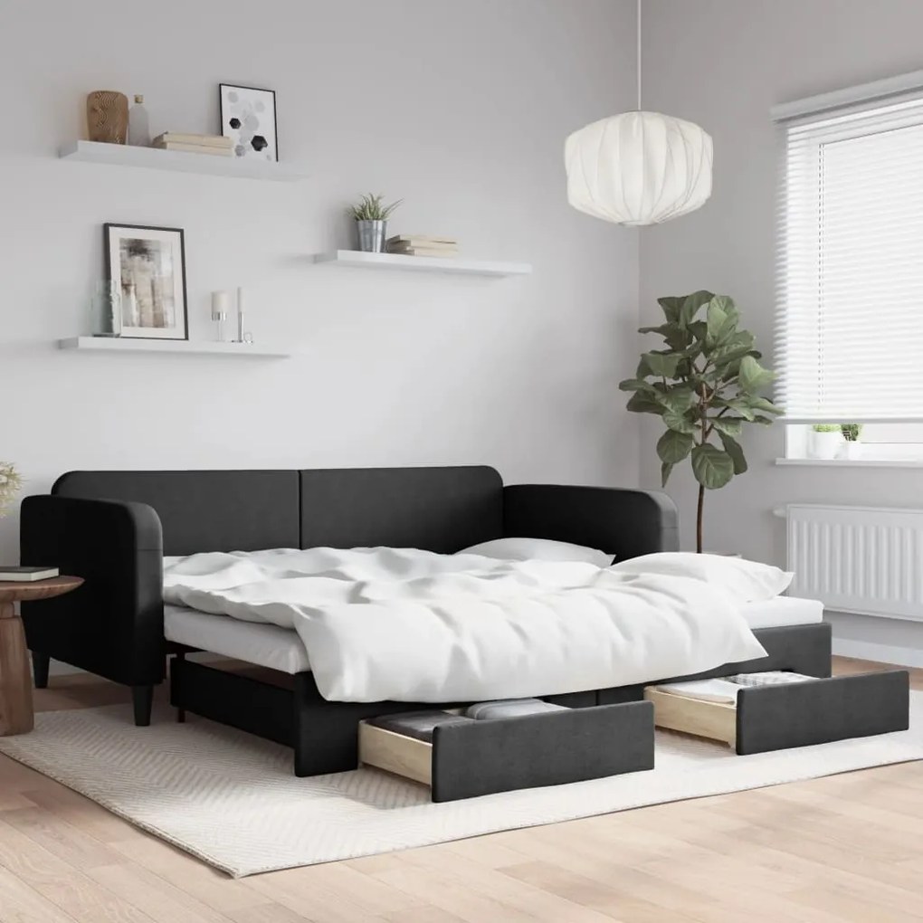 Sofá-cama com gavetão e gavetas 100x200 cm tecido preto