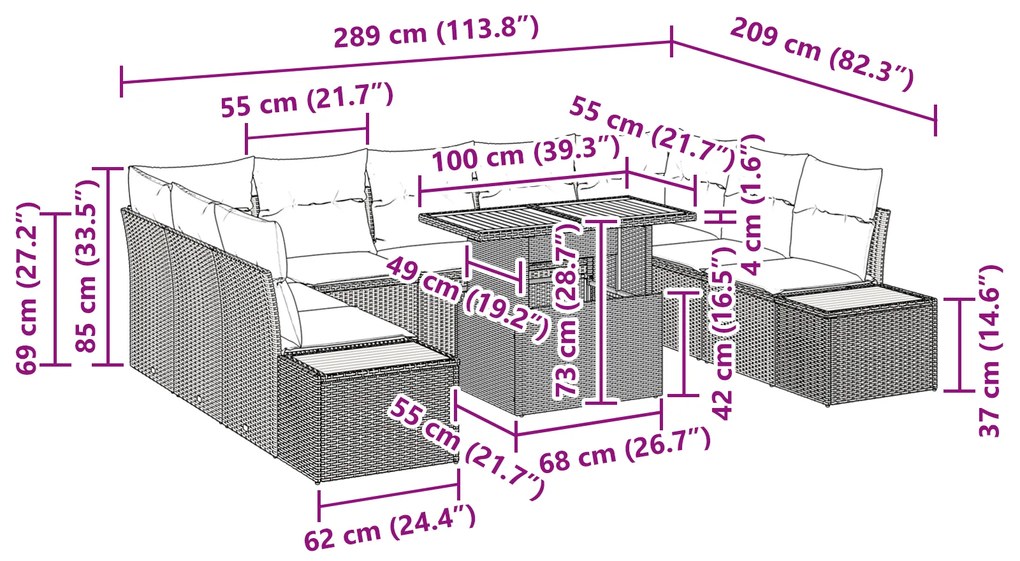 Conjunto de Jantar de Jardim de 10 Peças com Almofadas Bege em Rattan
