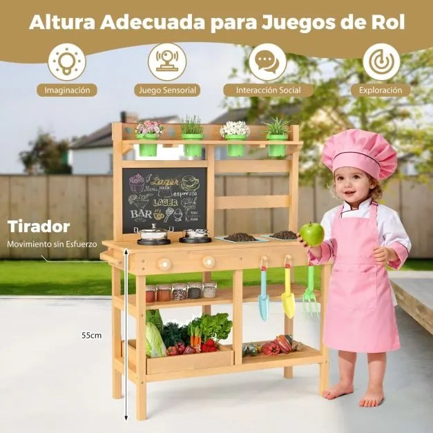 Cozinha de brincar para crianças de madeira 79 x 32 x 95 cm para exterior com torneira Pias removíveis Quadro negro Placas de cozedura natural