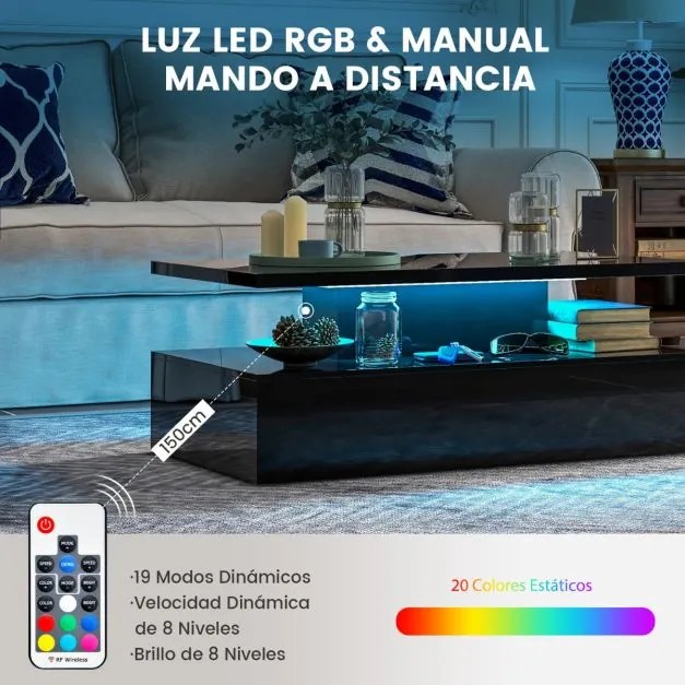 Mesa de centro LED de 2 níveis com cores de luz ajustáveis em formato retangular contemporâneo para sala de estar 110 x 60 x 40 cm Preto