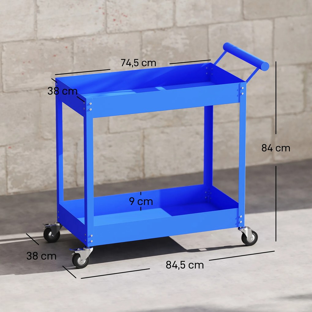 Carrinho de oficina com 2 níveis, pega lateral e rodas bloqueáveis, 84,5 x 38 x 84 cm, azul