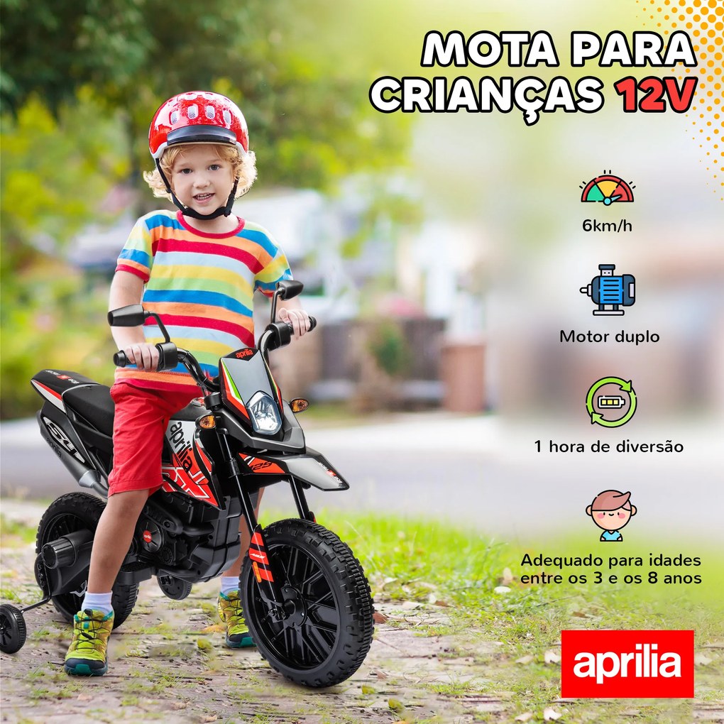Mota Elétrica Infantil Aprilia 12V Rodas de Apoio Farol Música Porta USB Amortecedor Vermelho