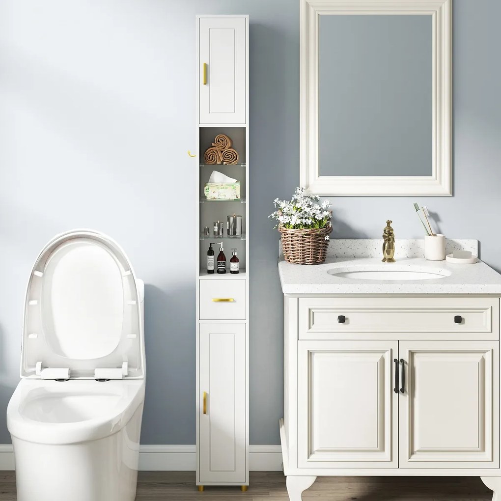 Armário de casa de banho alto de 181 cm estreito com 2 portas e prateleiras ajustáveis Faixa de luzes de 3 cores Branco