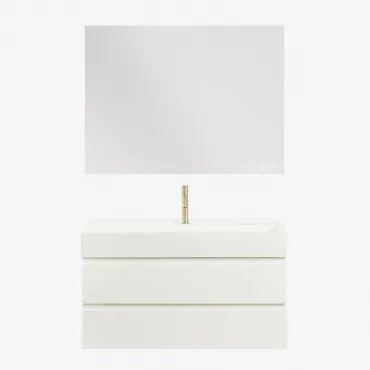 Conjunto De Móvel De Casa De Banho Em Madeira E Chapa De Freixo Com Lavatório Integrado Ona Branco & Retangular Led E Anti-embaciamento - Sklum