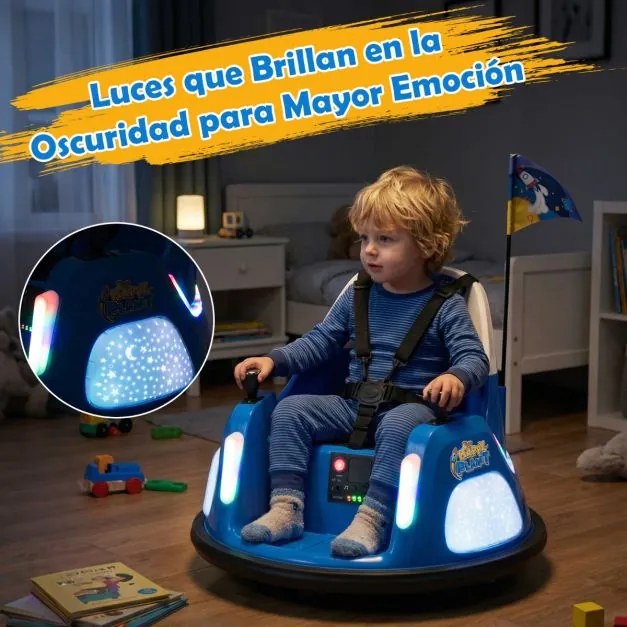 Carrinho de choques elétrico infantil 12V com bateria, luzes intermitentes, controle remoto, joystick duplo giratório 360°, azul marinho