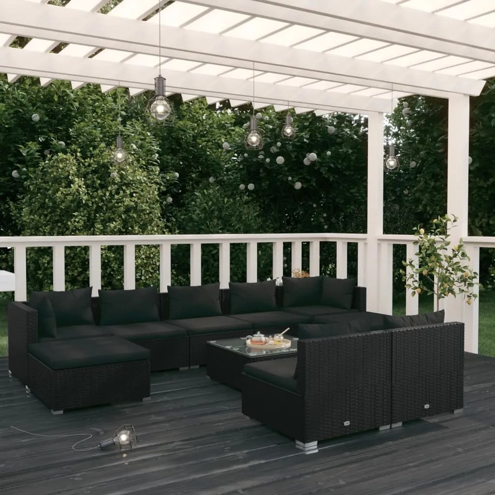 vidaXL 10 pcs conjunto lounge de jardim c/ almofadões vime PE preto