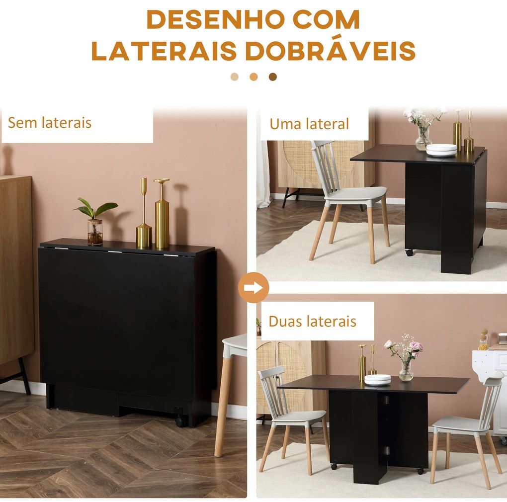Mesa de Cozinha Dobrável com 2 Prateleiras de Armazenamento e Laterais Dobráveis 75x140x74 cm Preto