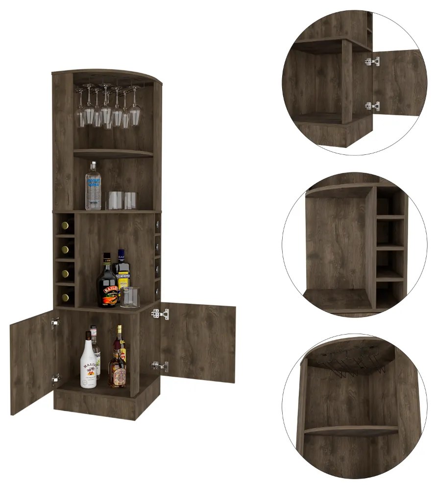 Móvel de bar garrafeira de Canto Andorra com suporte de Copos, a 180,6 cm a x 46,9 cm e x 46,9 cm p, cor noz