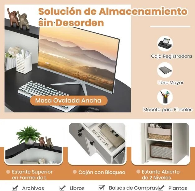Balcão de recepção oval 120 x 70 x 100 cm com gaveta com fechadura Prateleira ajustável Balcão de retalho para caixa Branco