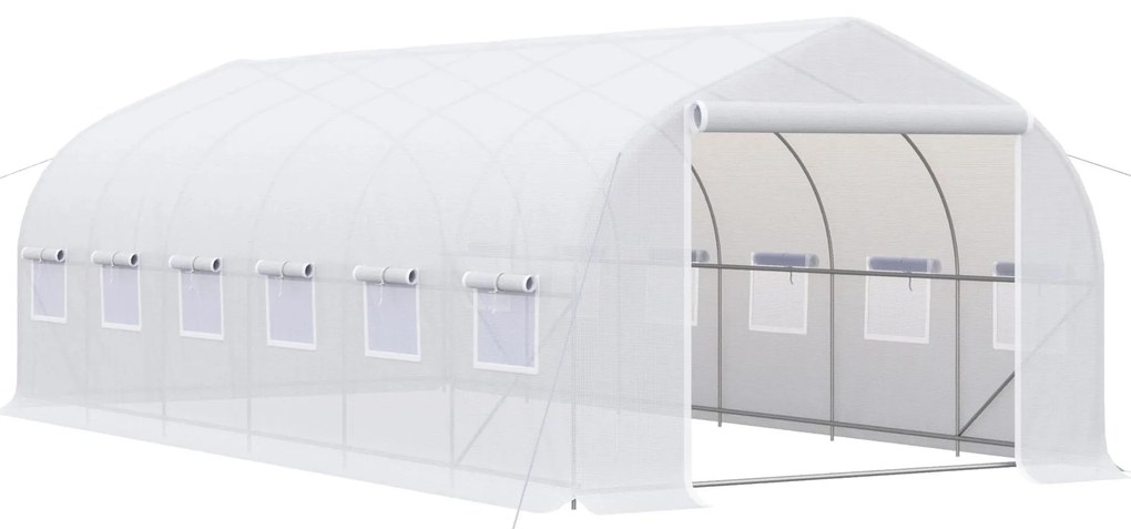 Outsunny Estufa Tipo Túnel 595x300x200cm Estufa de Jardim Grande com 12 Janelas e Porta Enrolável com Zíper para Cultivo de Plantas Branco