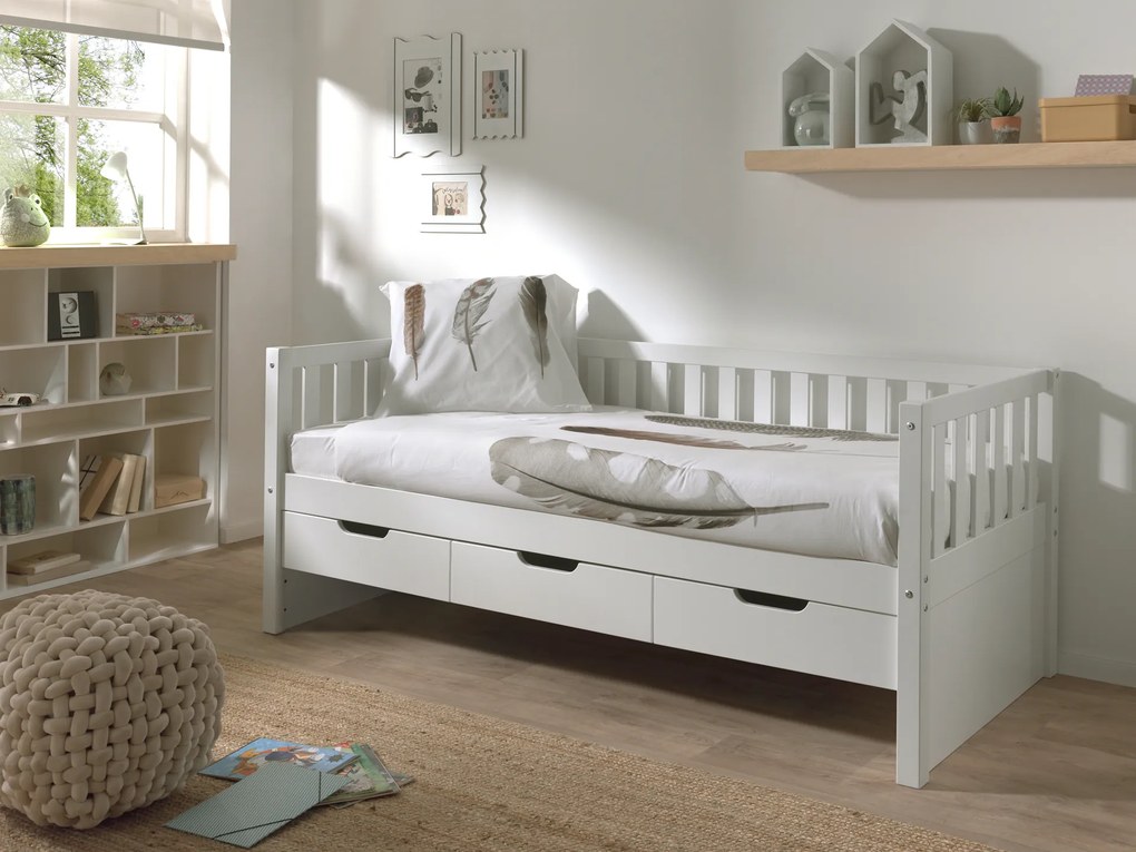 Cama infantil FRITZ (90x200) com 3 gavetas + Estrado Branca