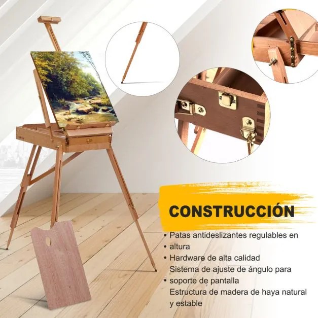 Cavalete de madeira de faia Dobrável e portátil Altura ajustável com Estante Gaveta Estante de chão para artistas para telas