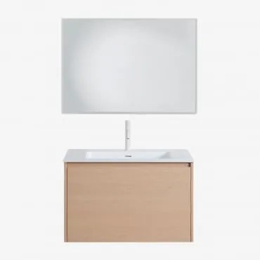 Conjunto De Móvel De Casa De Banho Suspenso 80x50 Cm Em Madeira Com Lavatório Integrado Jacob Madeira Natural & Led Retangular - Sklum