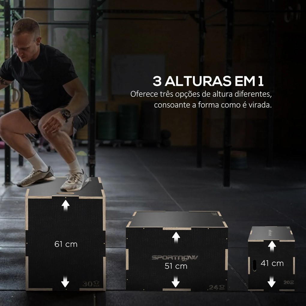 Caixa Pliométrica com 3 Alturas Diferentes para Treino de Força em Casa Ginásio CrossFit Carga 120 kg 61x51x41 cm Preto