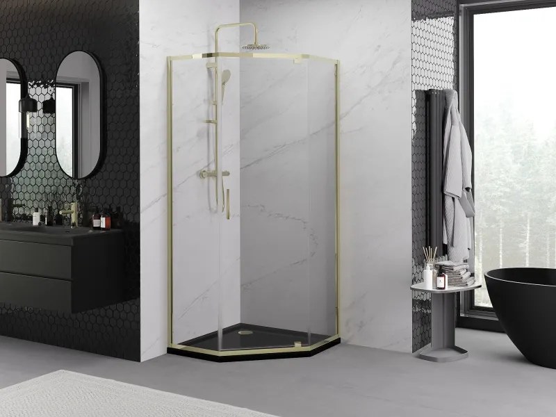 Mexen Exo-R cabina de duche pentagonal com porta de abrir 90 x 90 cm, transparente, dourada - 812-090-090-50-00