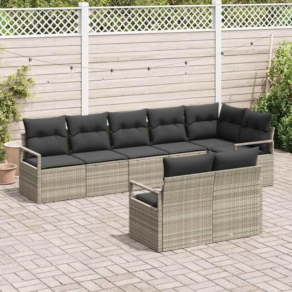 Sofá de Jardim 8 Peças com Almofadas Cinzas Claras em Rattan