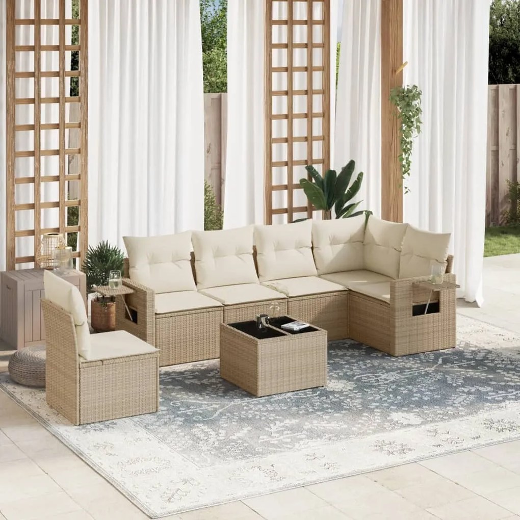 7 pcs conjunto de sofás p/ jardim com almofadões vime PE bege