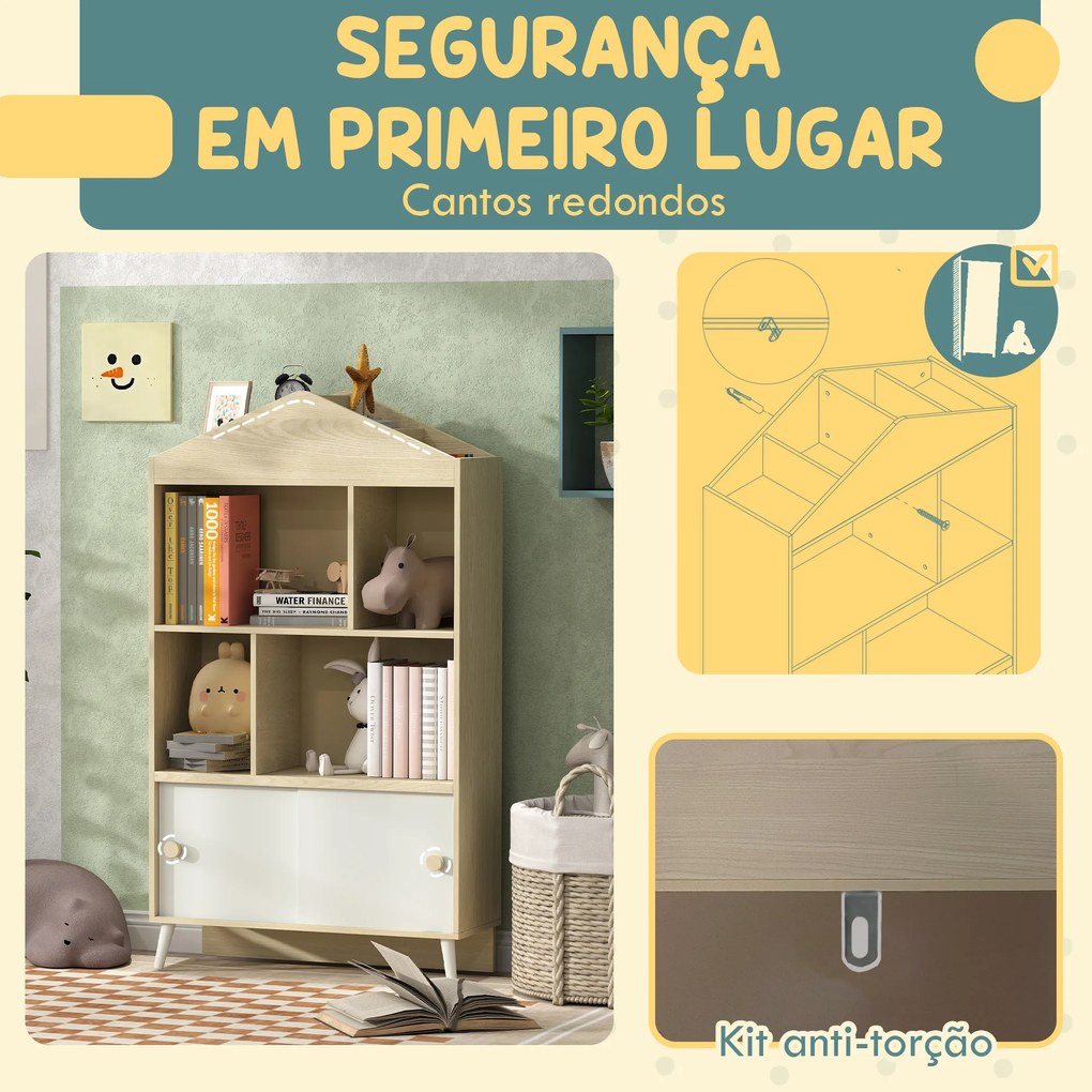 Estante Infantil com 4 Compartimentos Estante de Livros para Crianças com Prateleiras Abertas e Armário 80x30x140,5 cm Branco e Madeira