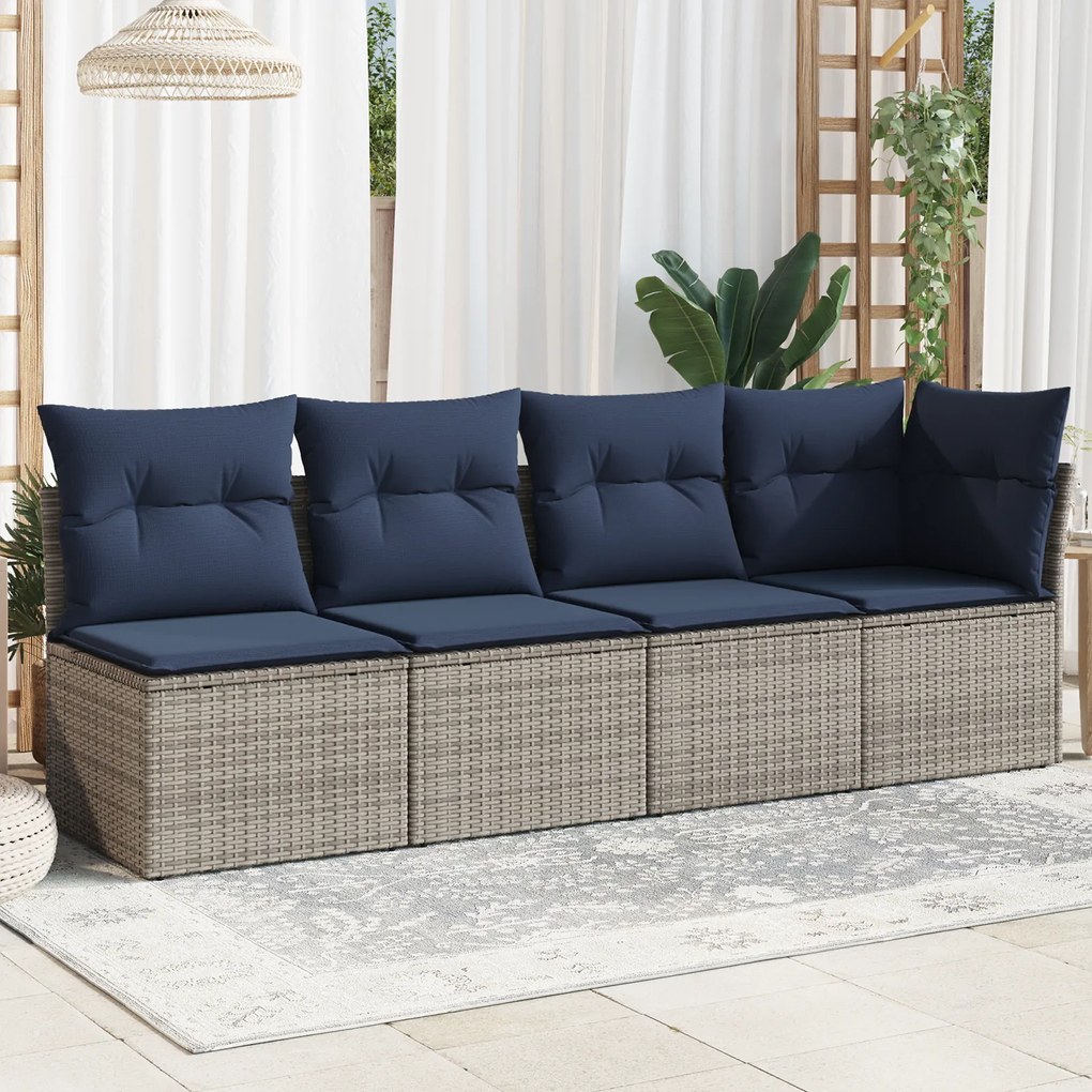 vidaXL Sofá de jardim 4 lugares com almofadões vime PE cinzento