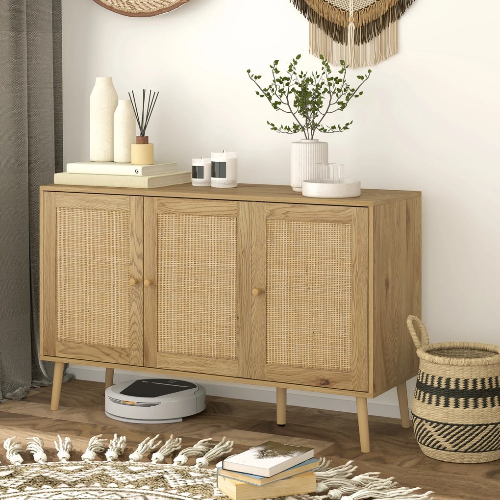 Aparador de sala de estar 120 x 40 x 75 cm com armários com portas em rattan e prateleira ajustável, em madeira natural