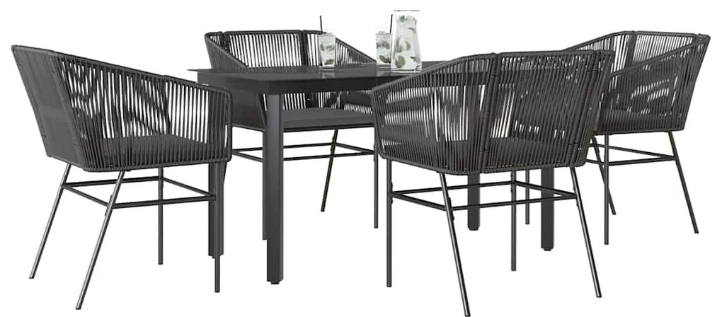 Conjunto de jantar jardim 5 peças almofadas vidro vime PE preto