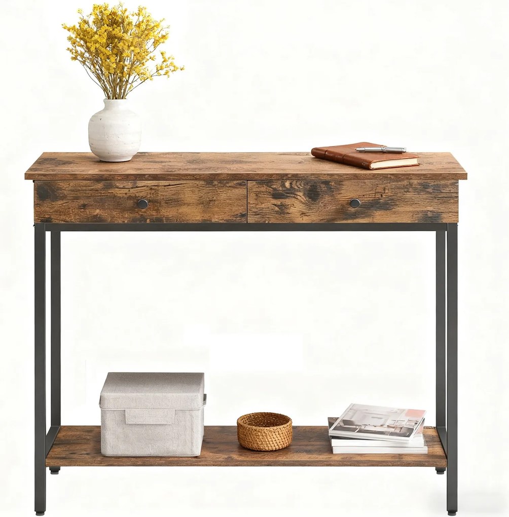 Mesa consola industrial com 2 gavetas 30 x 100 x 80 cm castanho vintage-preto