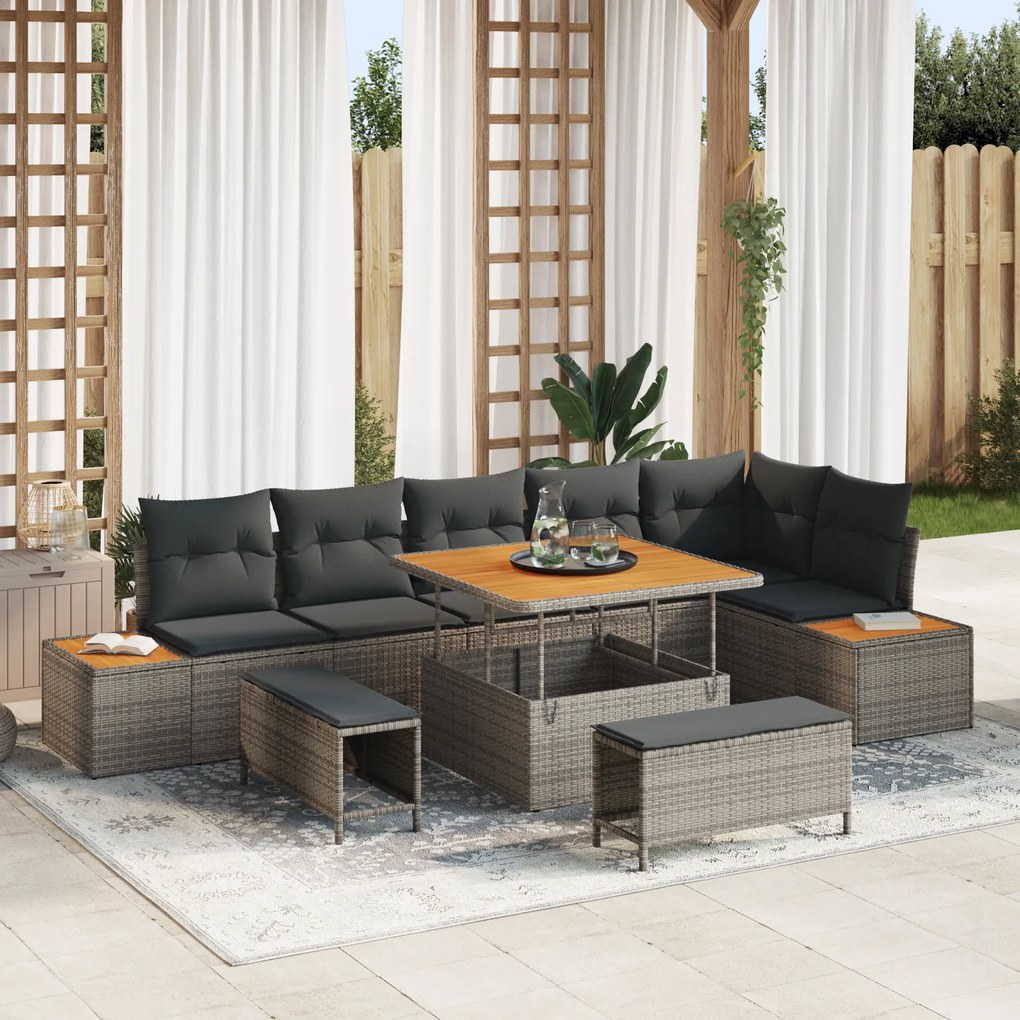 Conjunto de Sofá de Jardim 9 Peças com Almofadas Cinza Poliéster e Acá
