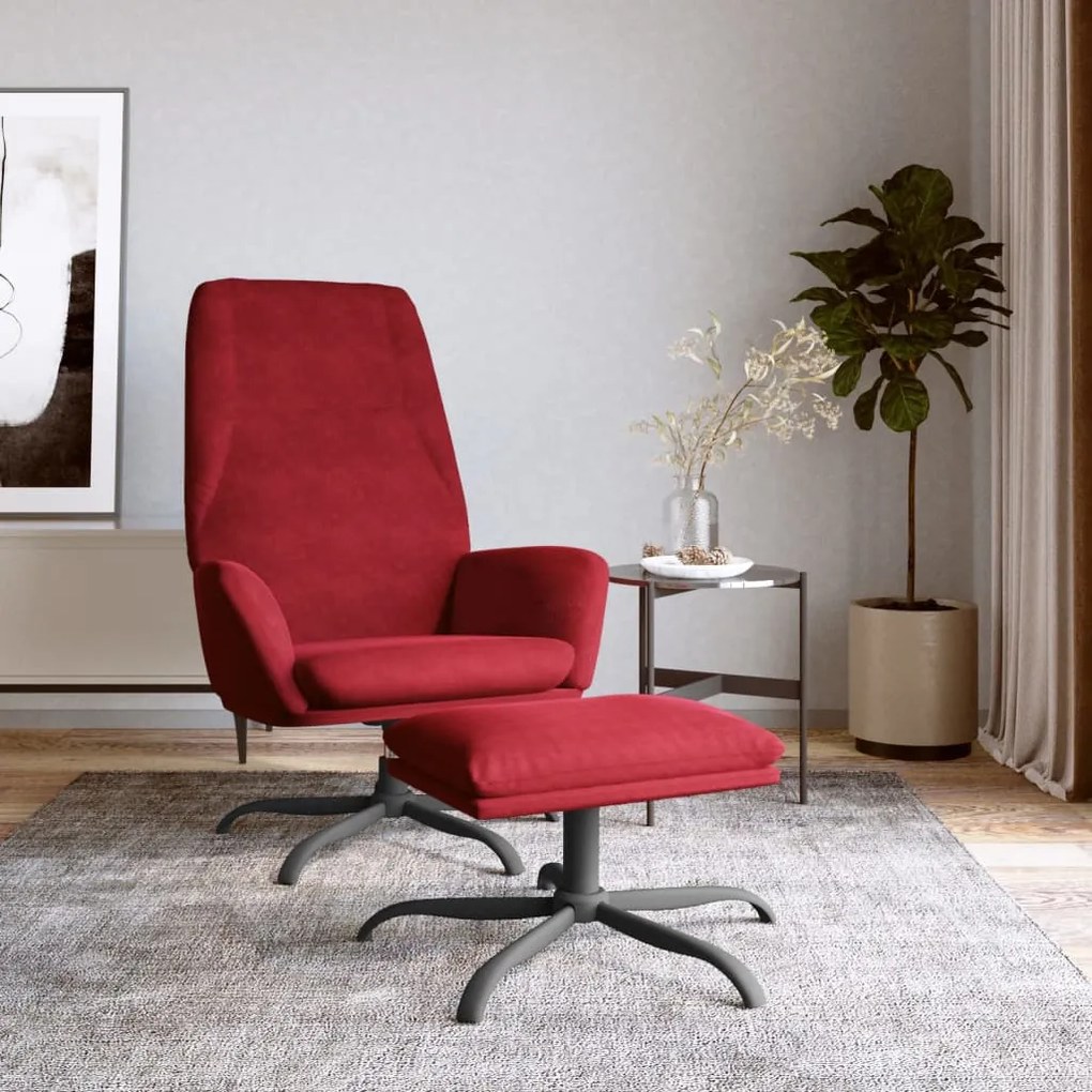 vidaXL Cadeira de descanso com banco veludo vermelho tinto