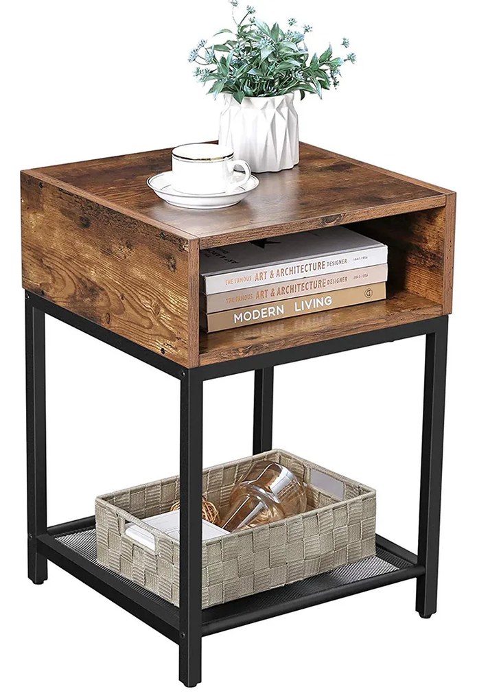 Mesa de apoio / Mesa de cabeçeira com compartimento de design industrial 40 x 40 x 58 cm castanho Vintage