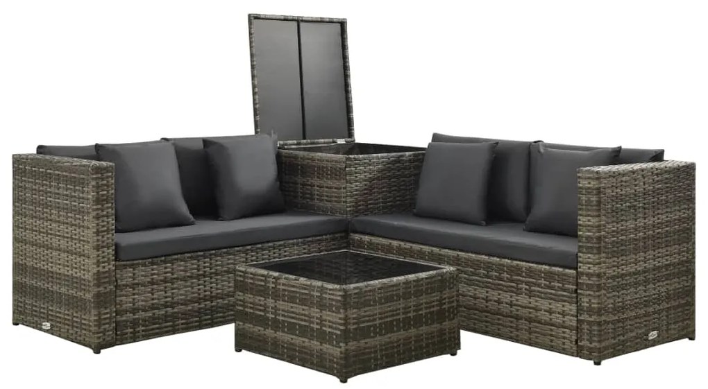 4 pcs conjunto lounge de jardim c/ almofadões vime PE cinzento