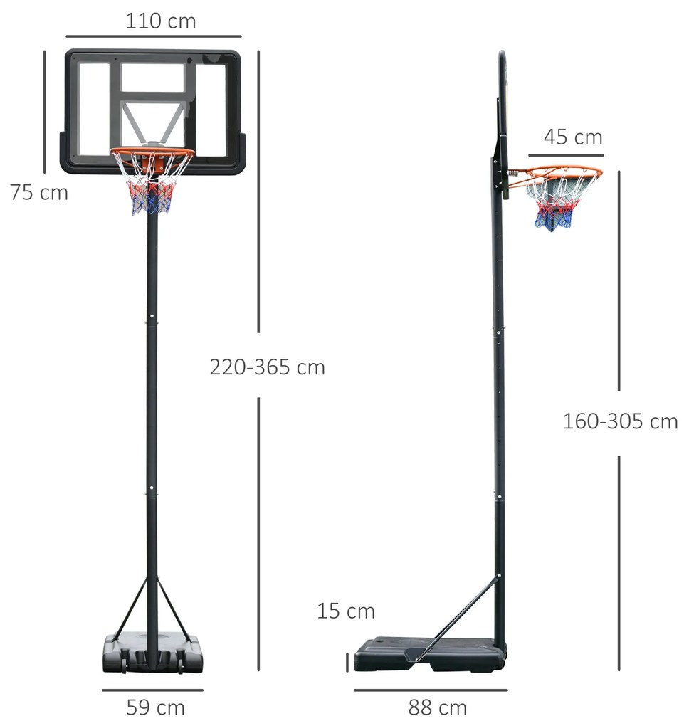 HOMCOM Cesta de Basquetebol de Exterior com Altura Ajustável 220-365 c