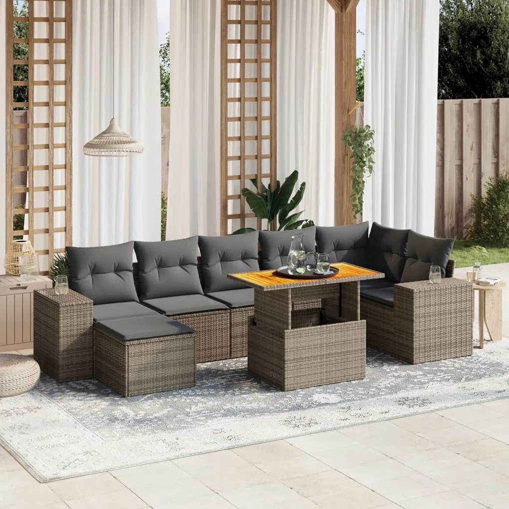 8 pcs conjunto sofás de jardim c/ almofadões vime PE cinzento