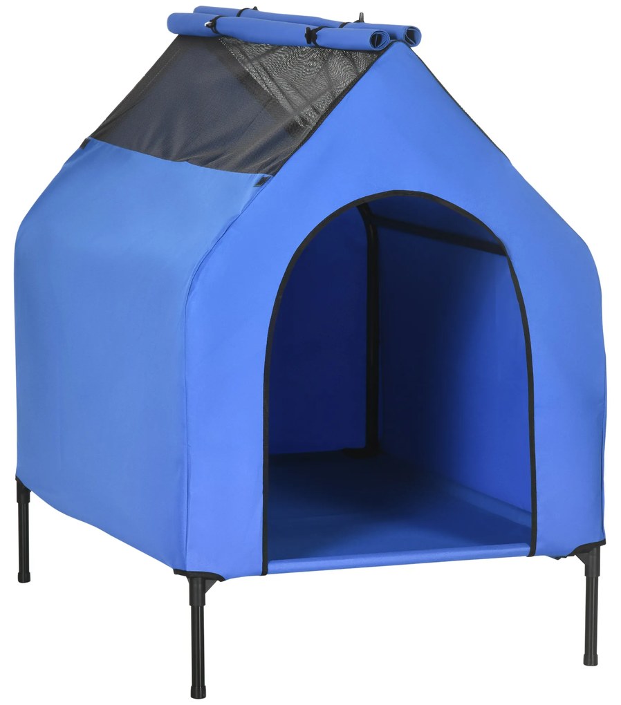 Casa para Cães e Cama Elevada com Cobertura Desmontável e Janela de Malha para Cães Grandes e Extra Grandes 130x85x121 cm Azul