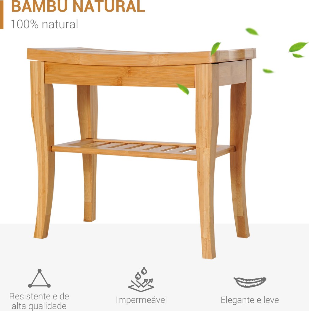 Banco para Casa de Banho de Bambu com Prateleira de Arrumação Antiderrapante Impermeável e Resistente 47,5x26x44,5 cm Madeira