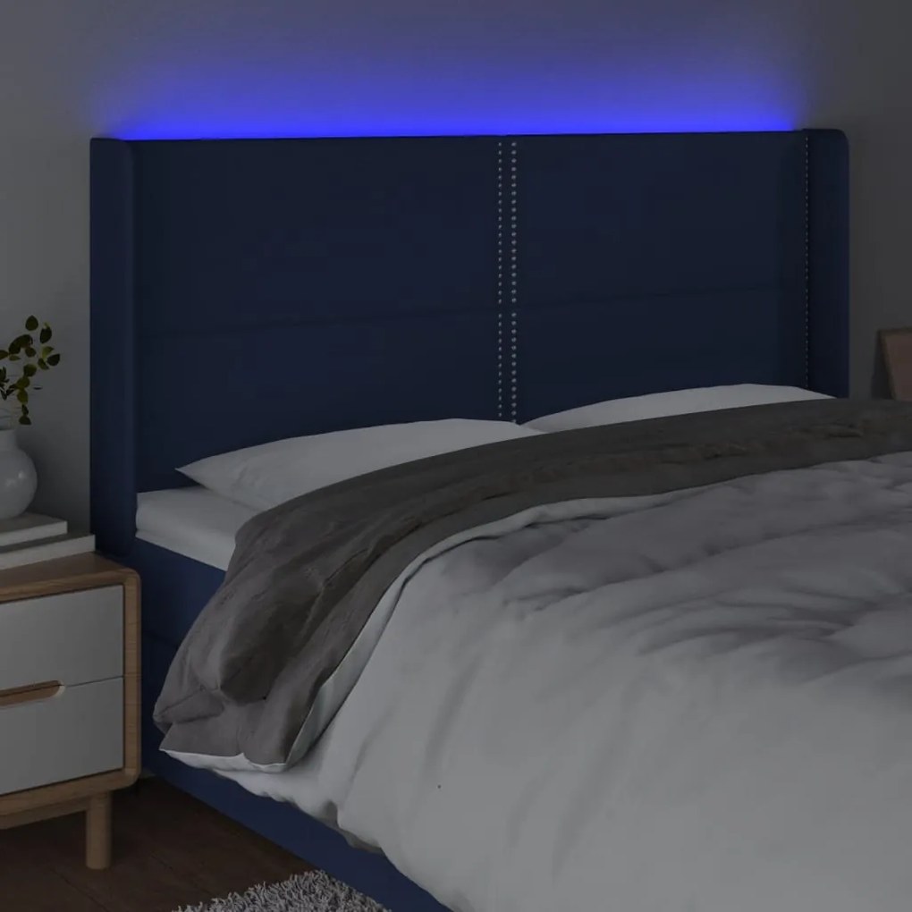 Cabeceira de cama c/ luzes LED tecido 203x16x118/128 cm azul