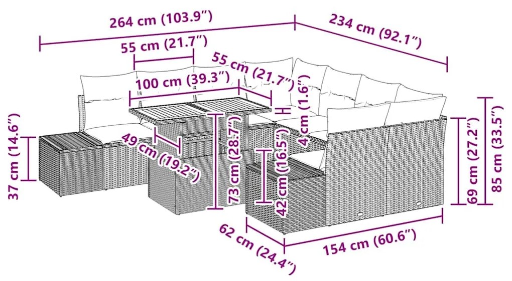 Conjunto de Jantar de Jardim 9 Peças com Almofadas Cinzas em Rattan Ac