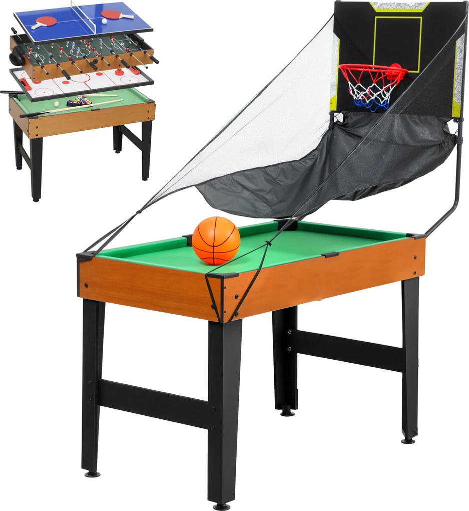 SPORTNOW Mesa Multijogos 5 em 1 Mesa de Jogo com Matraquilho Bilhar Ping-Pong Hóquei e Basquetebol 134x108x144 cm Madeira e Preto | Aosom Portugal