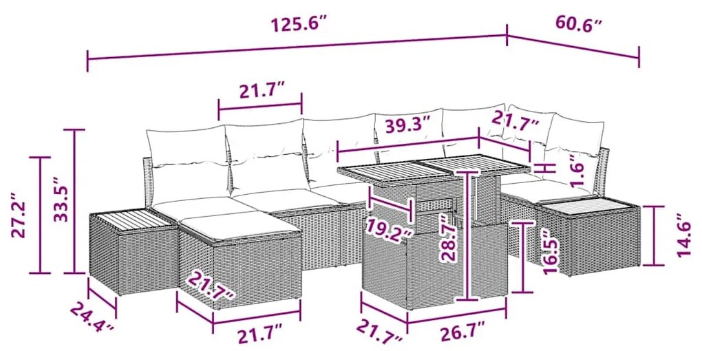Conjunto de jantar de jardim 8 peças com almofadas, rattan sintético p