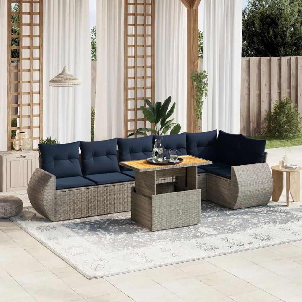 vidaXL 7 pcs conjunto sofás p/ jardim c/ almofadões vime PE cinzento